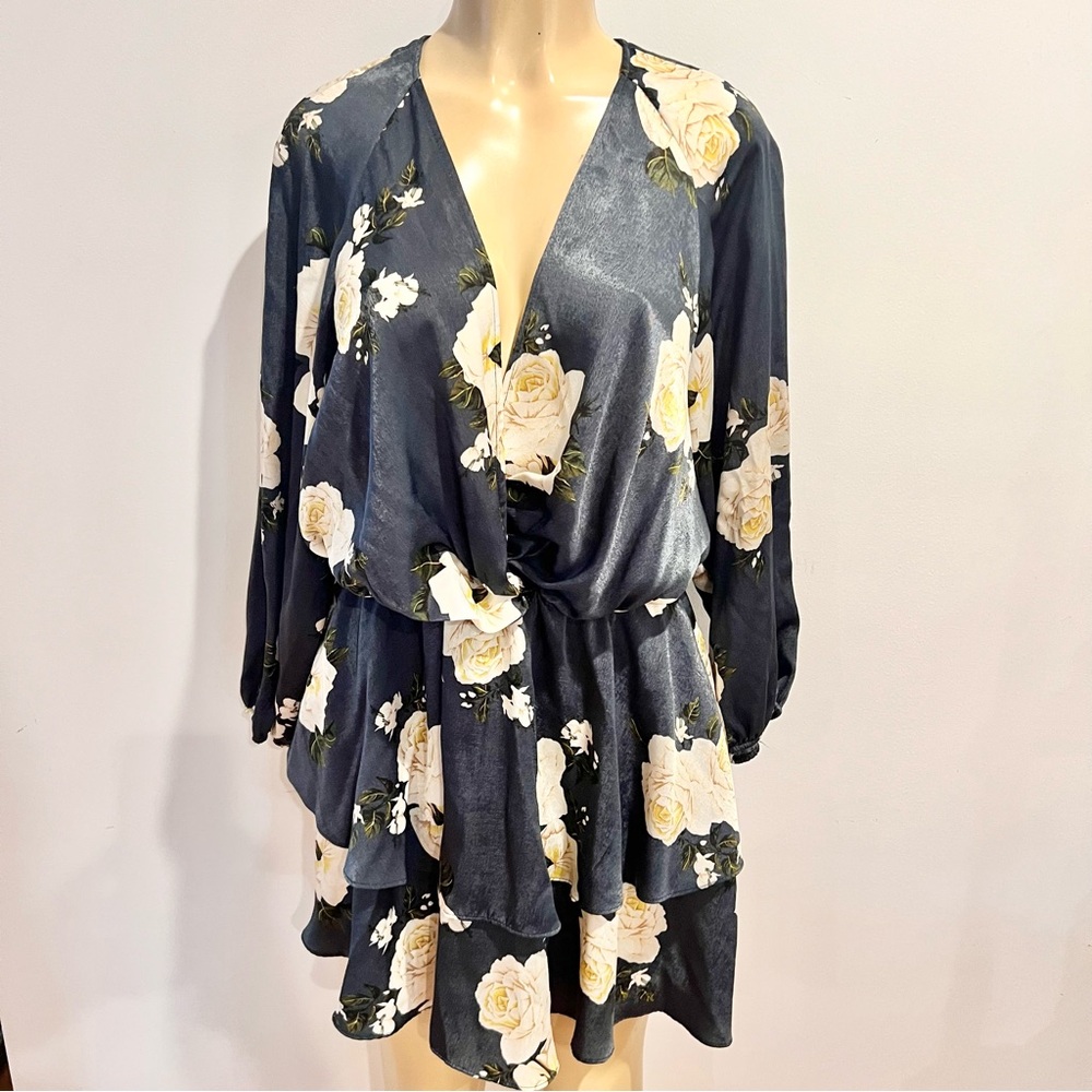 Zara Floral Satin Dress Sz L Fit Flare Long Sleeves Mini Ruffle Shimmer